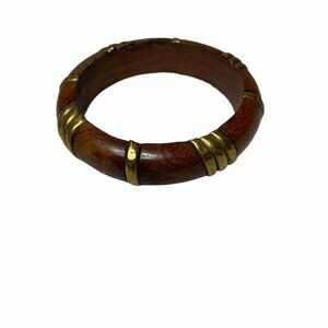 Chunky Wood Bangle Brass Gold Tone Accents Bracelet